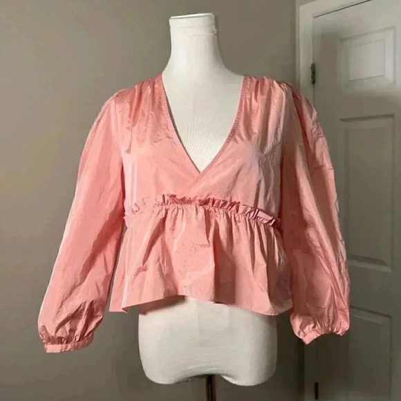 Aritzia Sunday Best Women's Pink Jinx Blouse Medium Peplum Cropped Top V-Neck - Picture 3 of 5